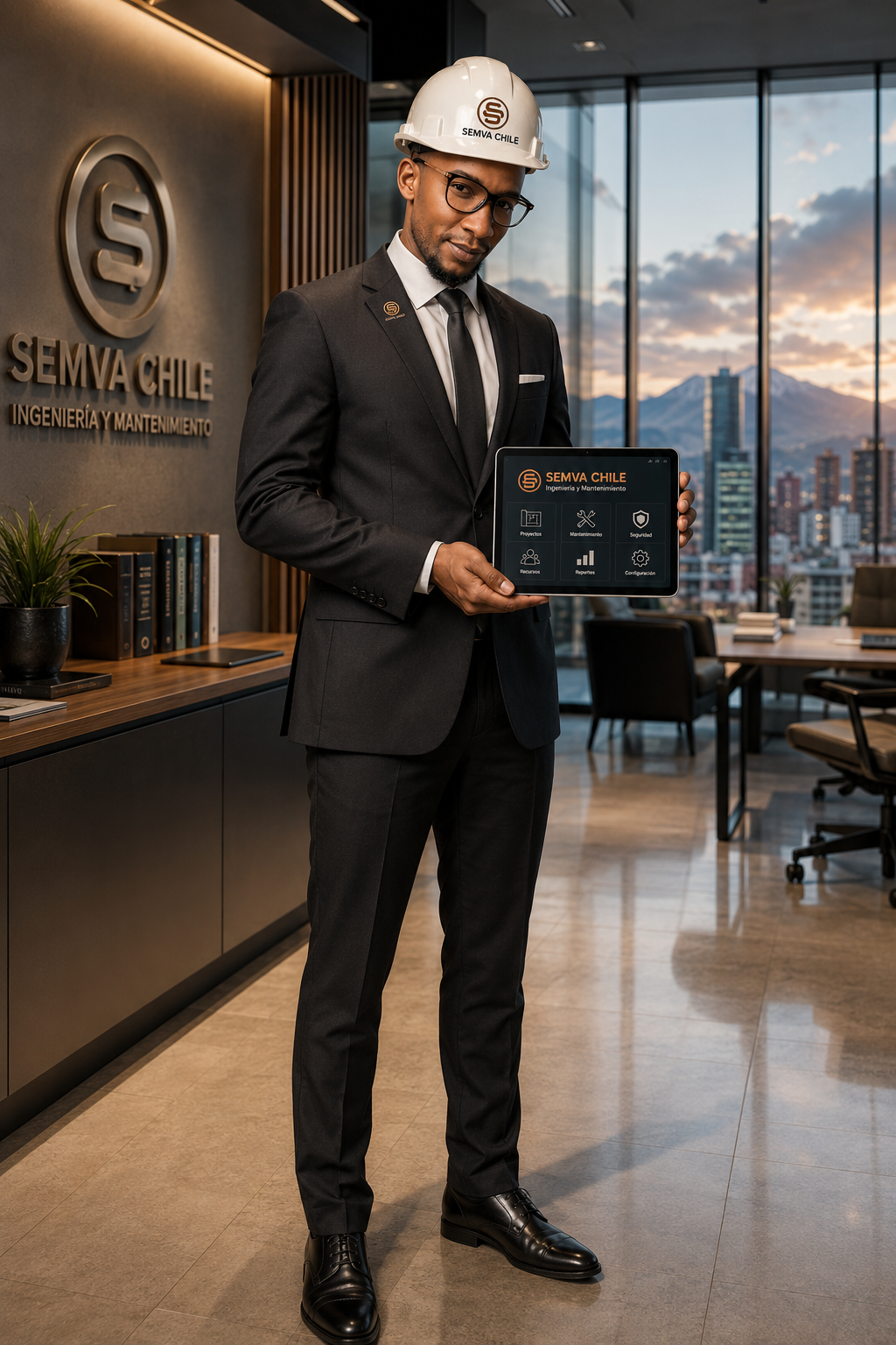 Equipo de SEMVA Chile con tablet corporativa